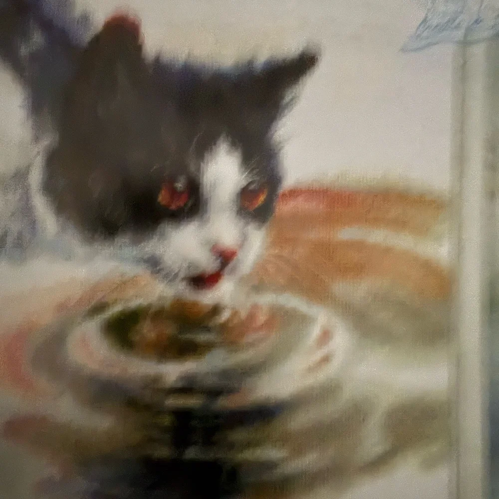Cross stitch black and white cat drinking